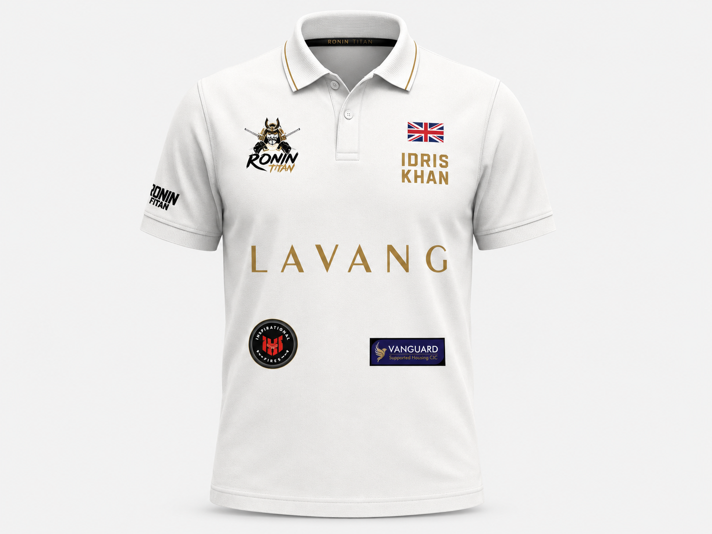 White team polo shirt with gold-tipped collar, fighter name and sponsor logos.