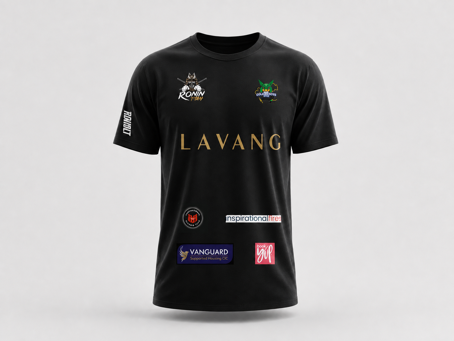 Black cotton combed team t-shirt with gold team name and sponsor logo placements.