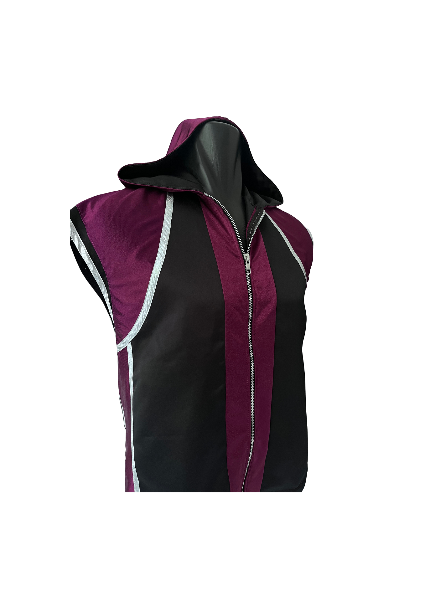 Hooded ring vest — plum and black multi-panel with silver trim and front zipper.