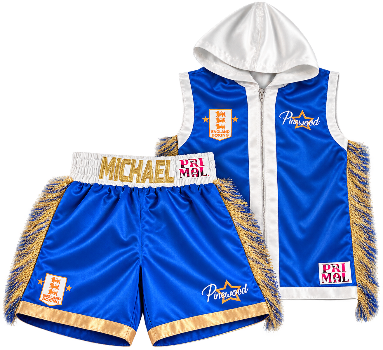 Blue, white and gold Michael children's boxing robe and shorts set