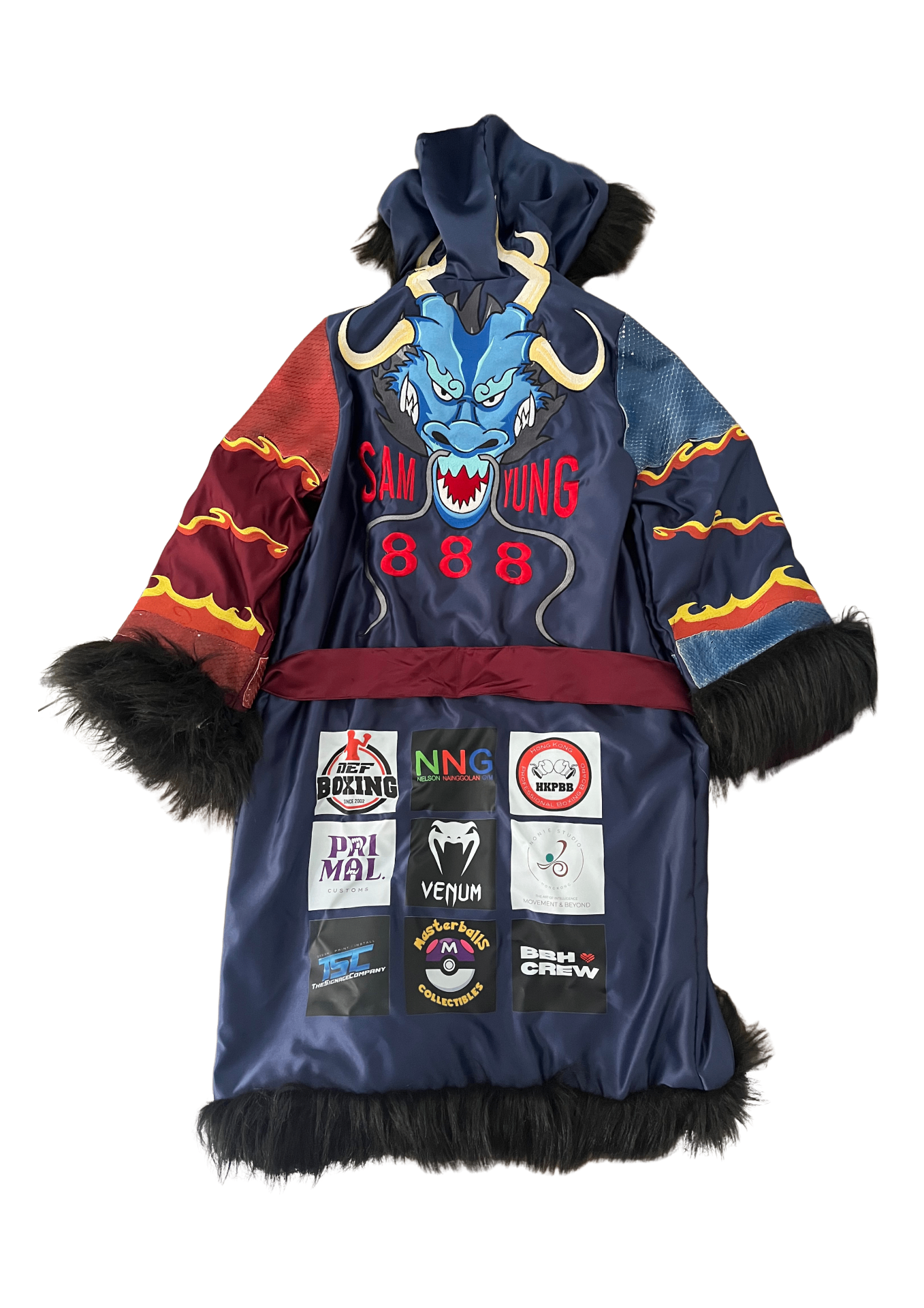 Sam Yung full walkout robe with dragon artwork, faux fur trim, and nine-sponsor panel.