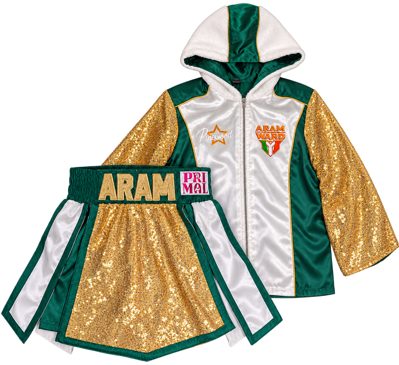 Green, white and gold Aram Ward children's boxing hoodie and shorts set