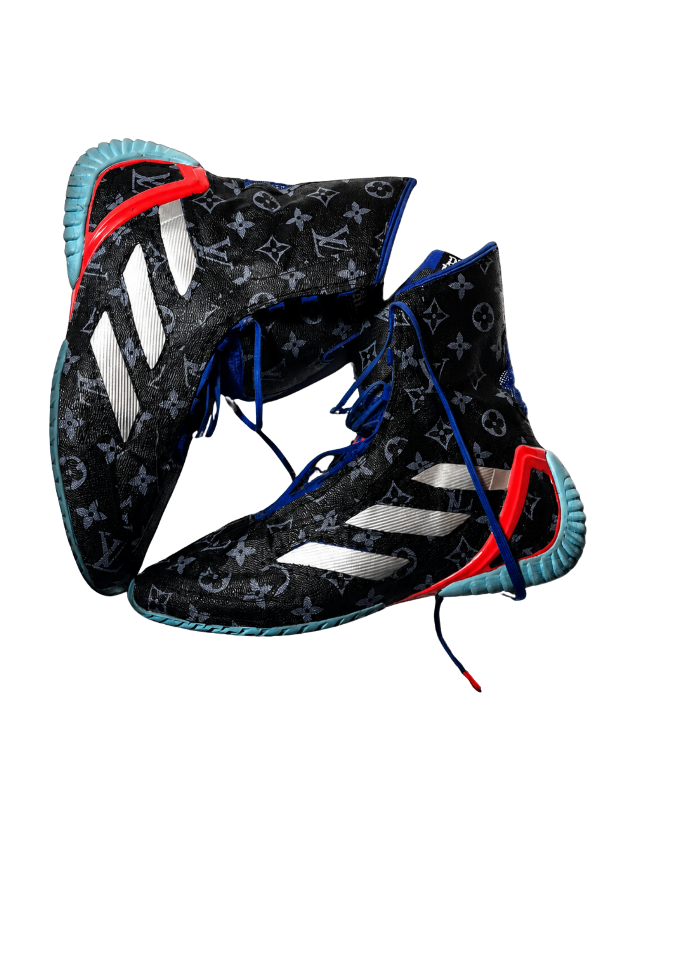 Custom monogram-print boxing shoes with red and teal accents.