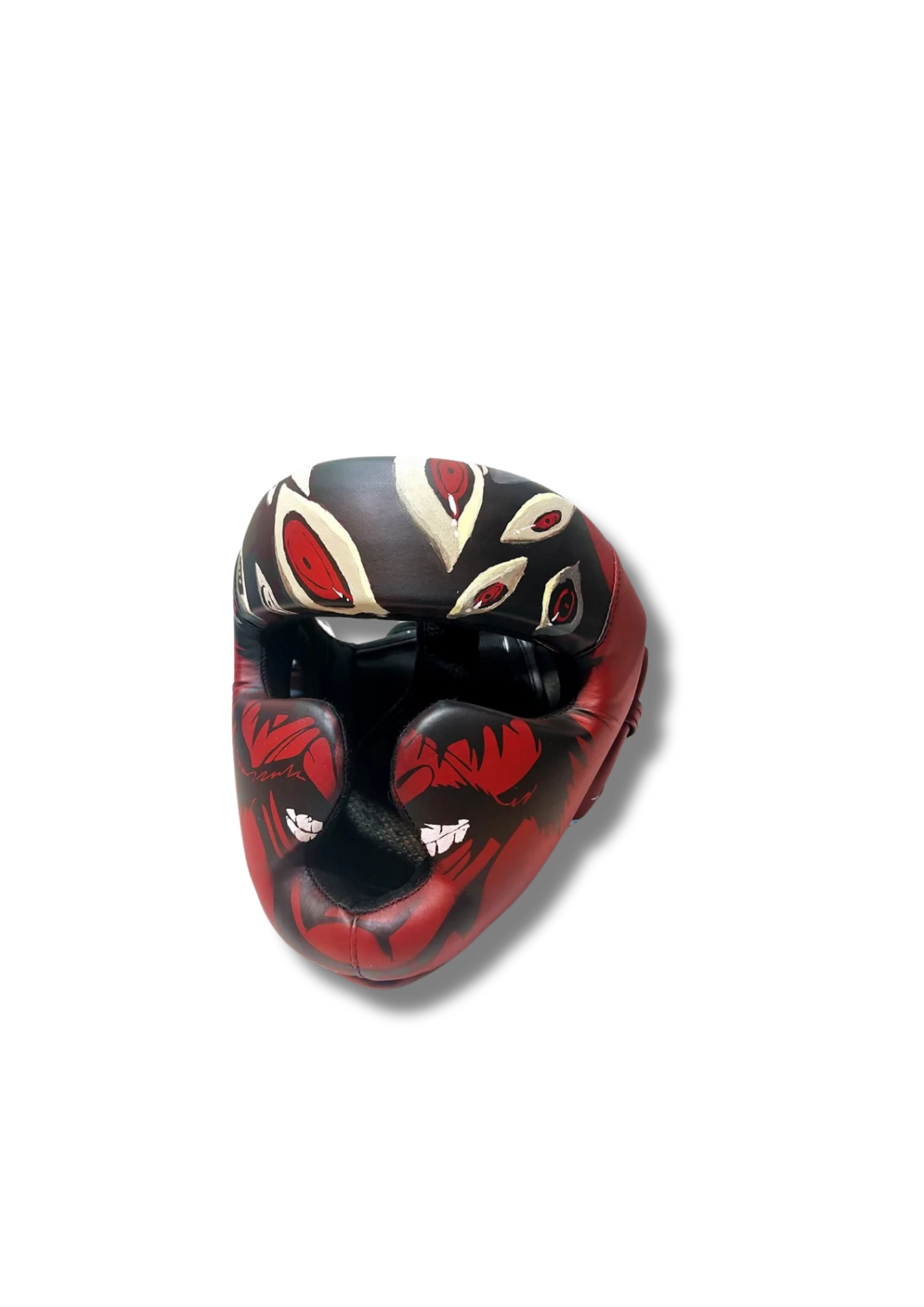 Custom hand-painted boxing headgear with red Sharingan-style eye artwork on black and red leather.