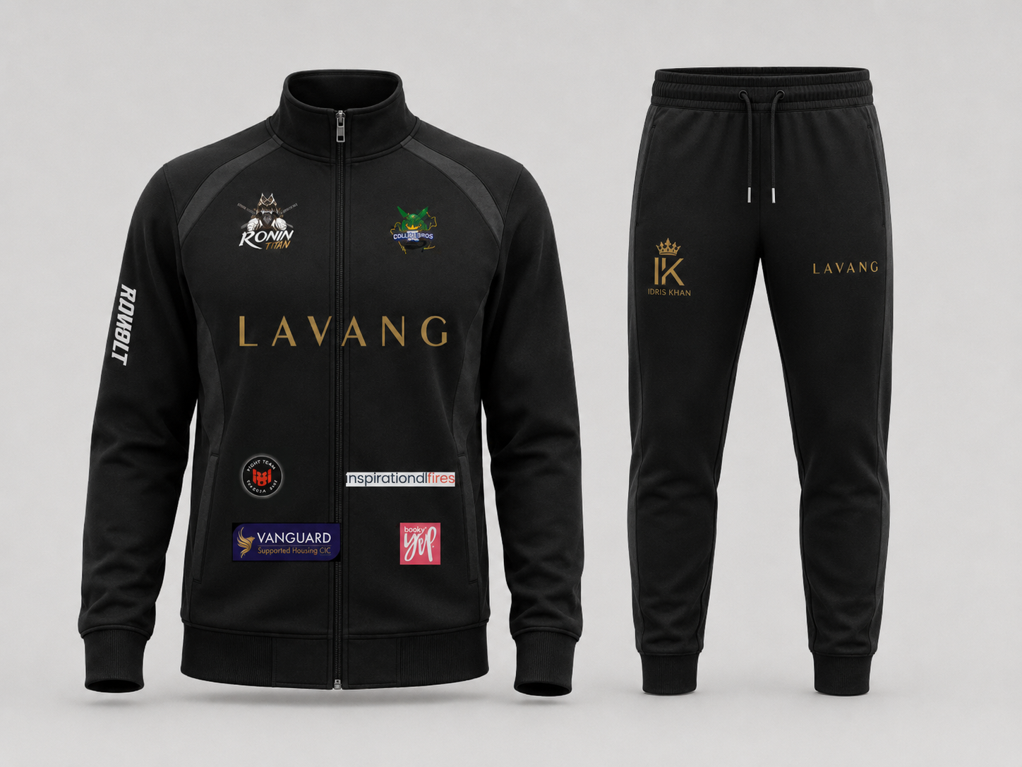 Black team tracksuit set — zip jacket and matching pants with gold team branding.
