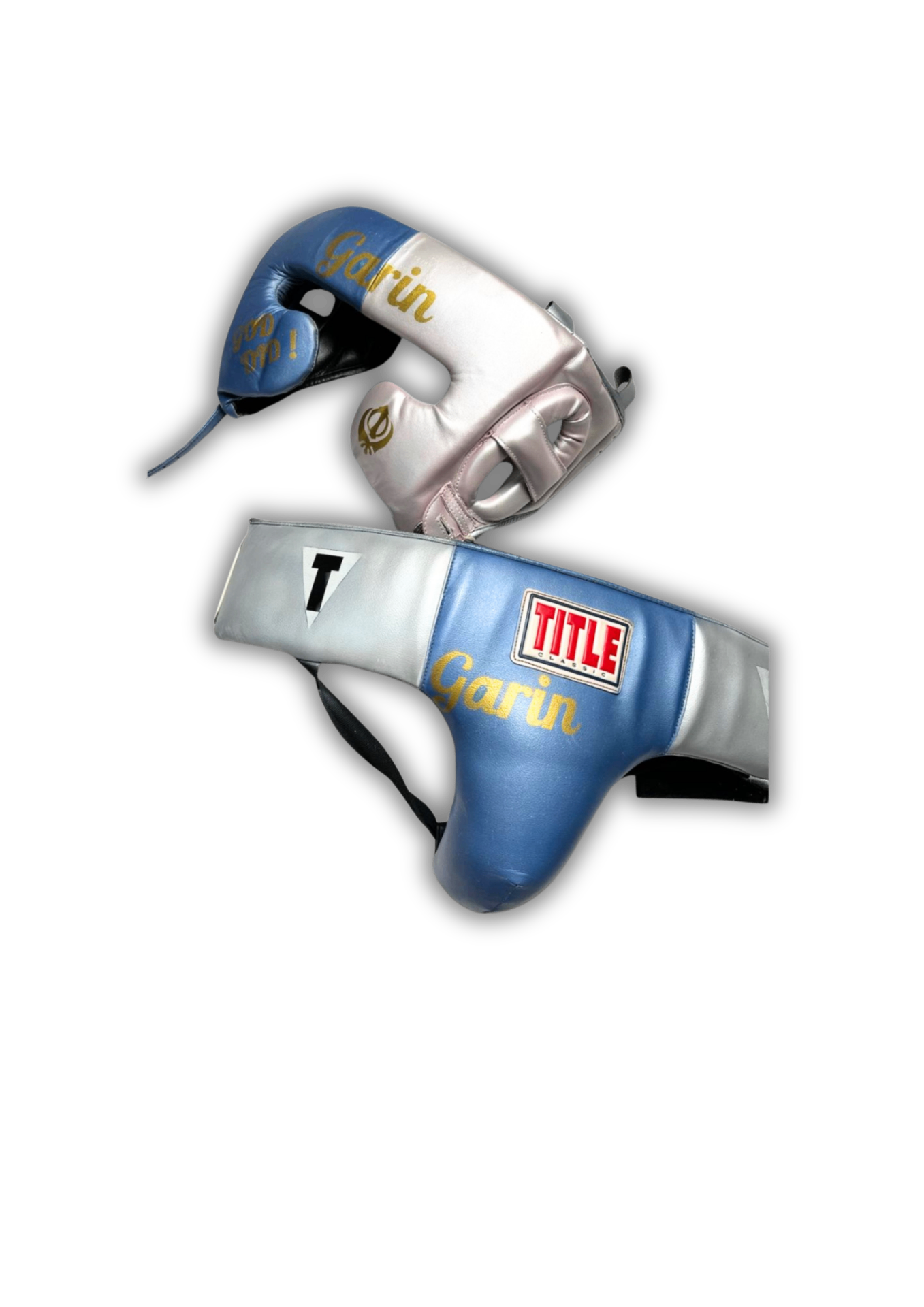 Garin custom headgear and groin guard — blue, silver, and white with gold script.