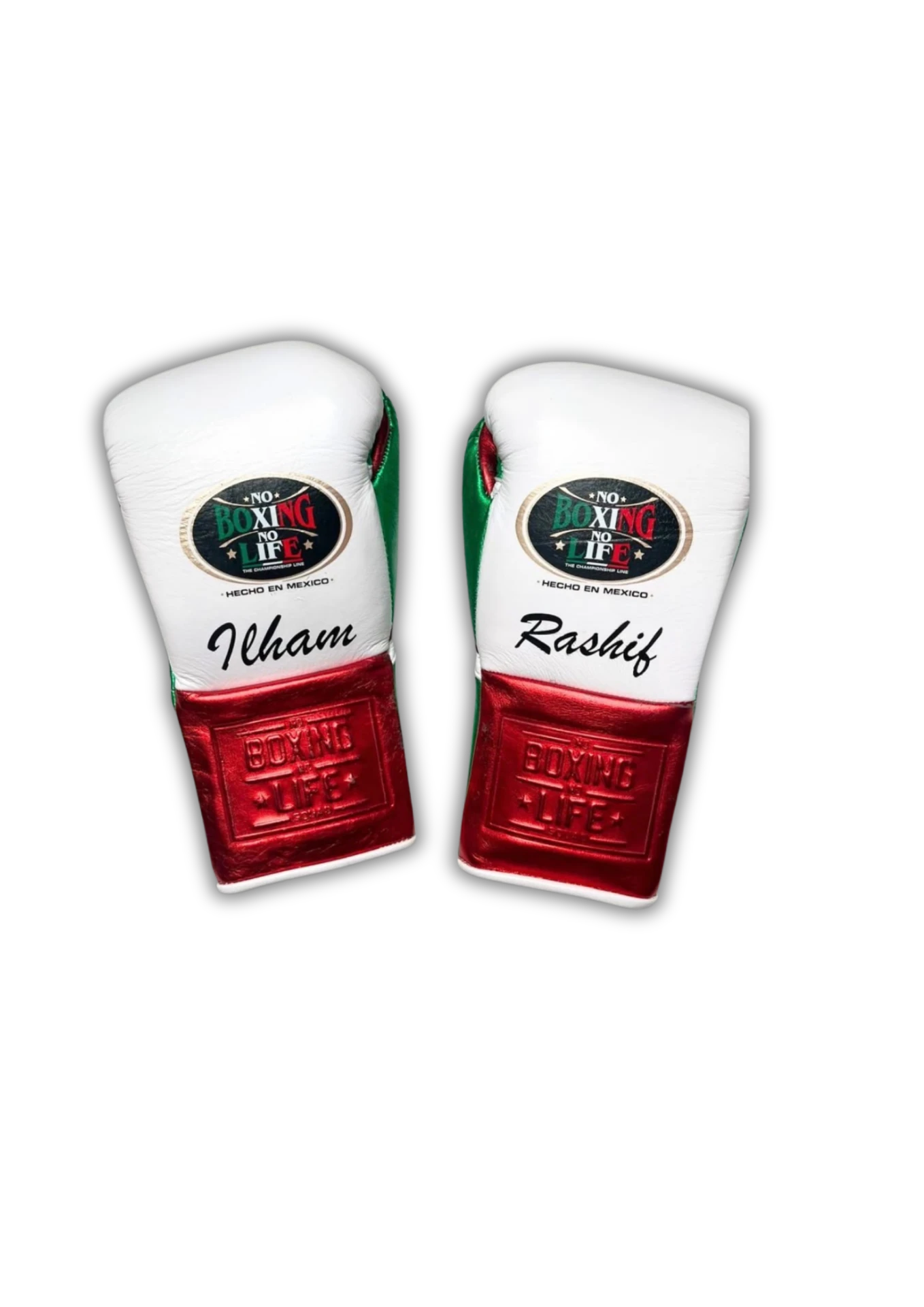 White and red custom boxing gloves hand-lettered with the names 'Ilham' and 'Rashif'.