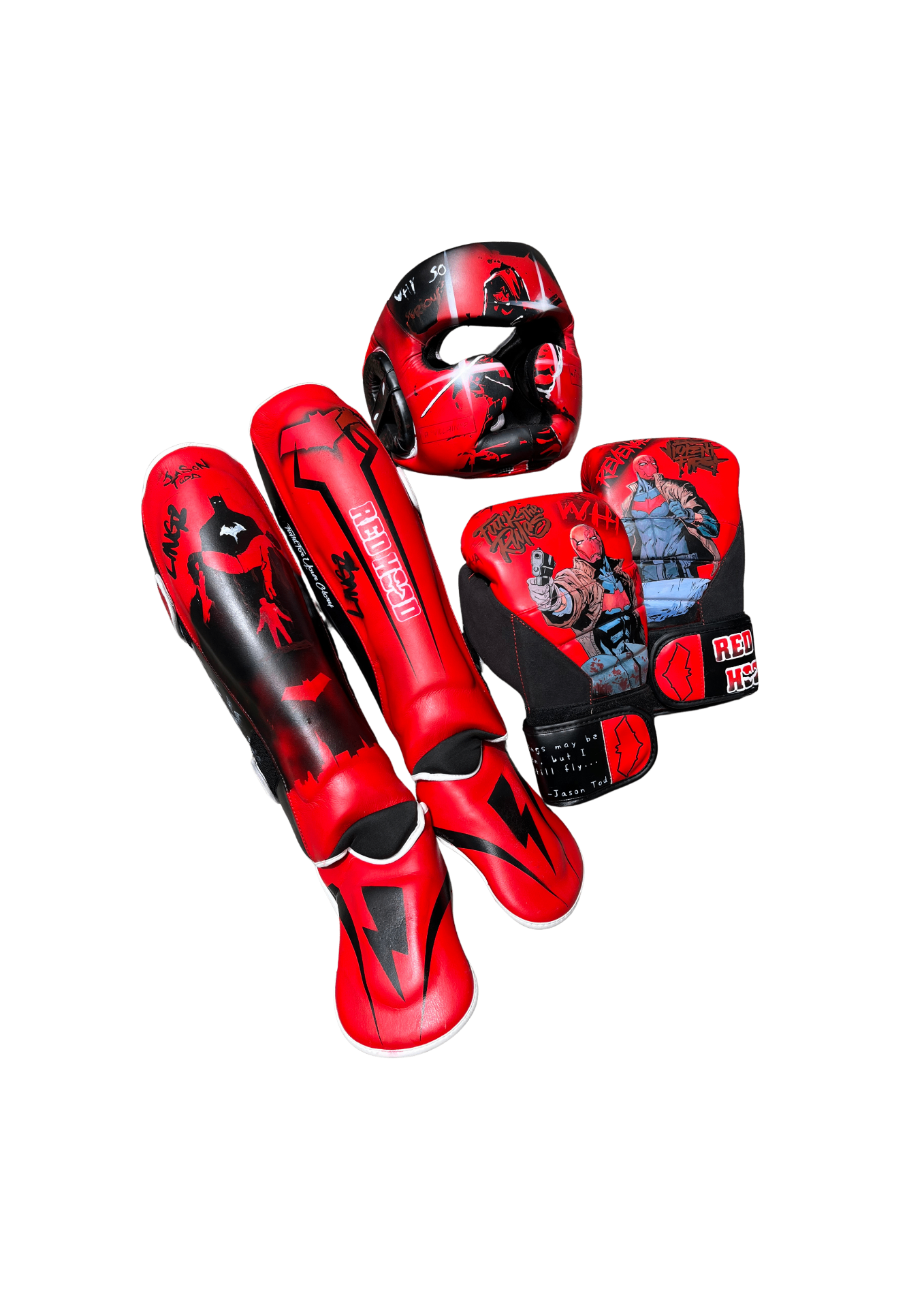 Red Hood themed custom gloves, shin guards, and headgear set in red and black.
