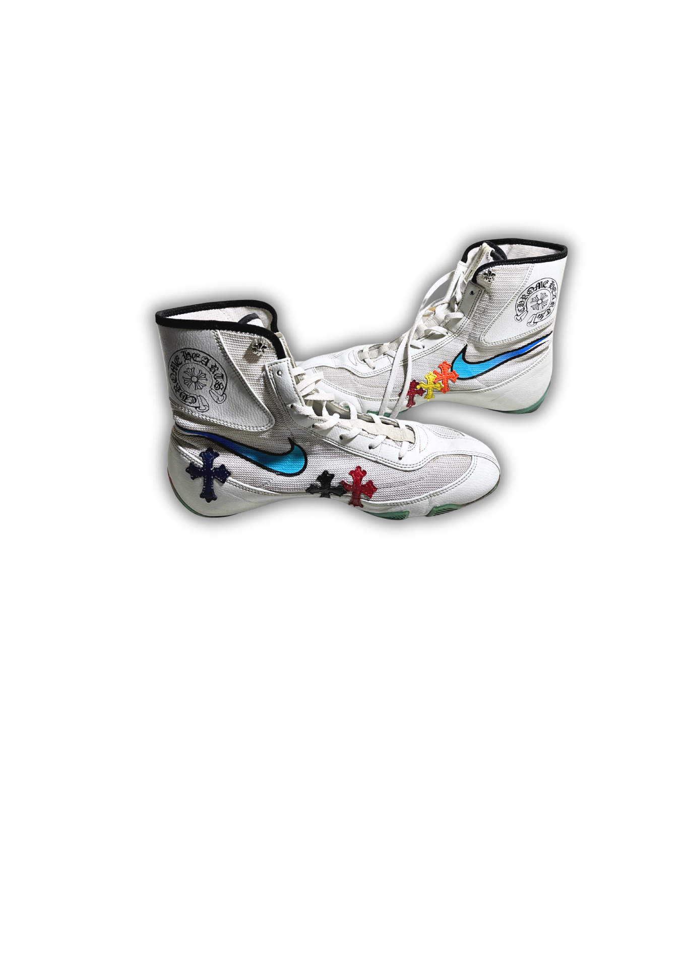 Custom monogram-print boxing shoes with red and teal accents.