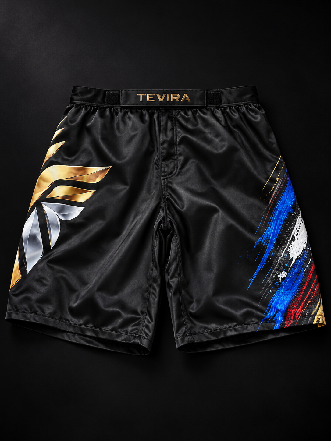 Black Tevira custom MMA shorts with gold, silver, blue and red graphics