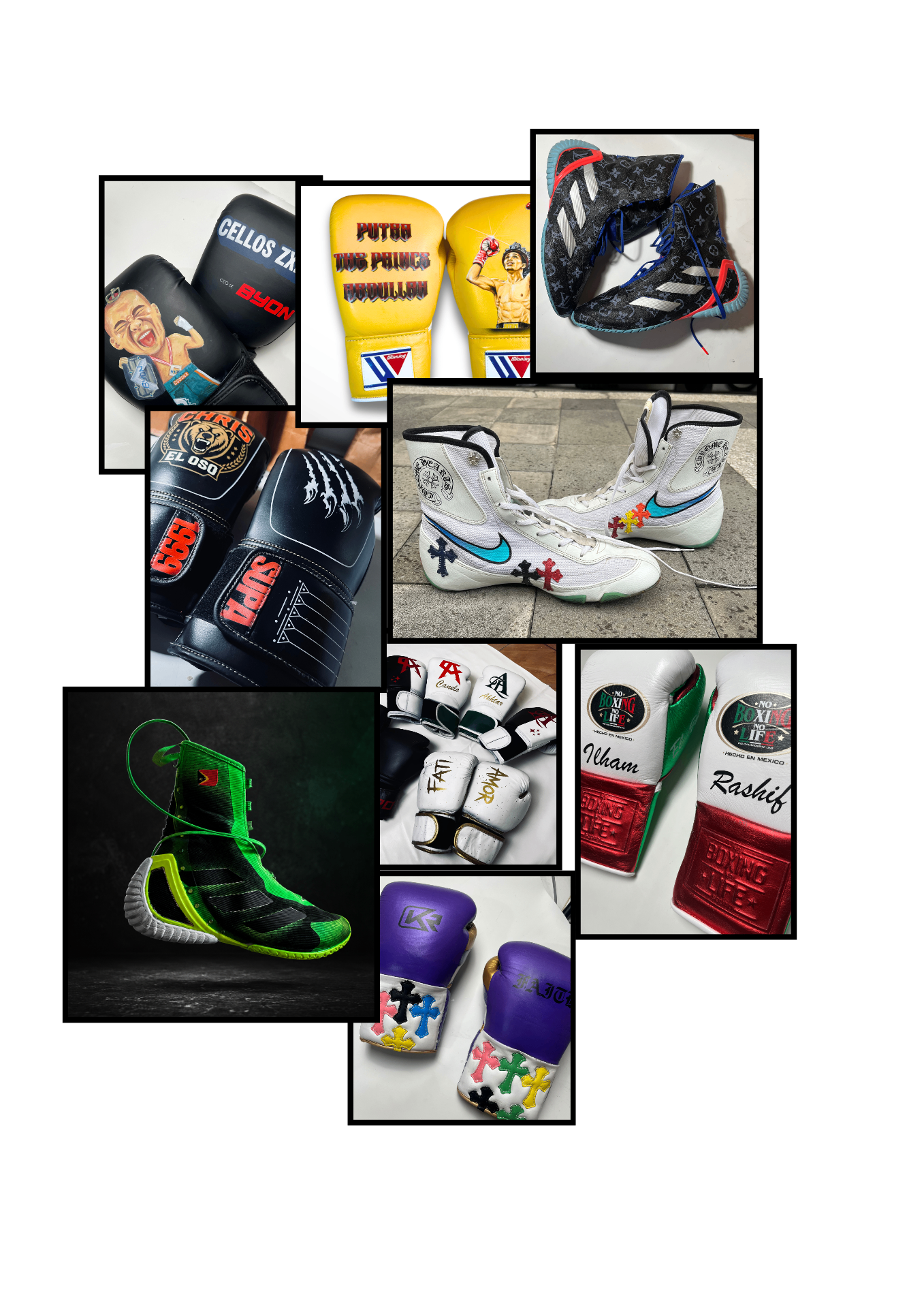 Hand-painted custom boxing gloves and shoes by Primal.