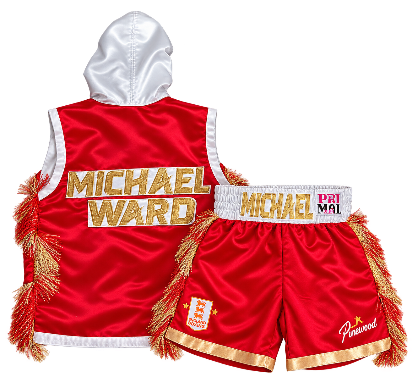 Red, white and gold Michael Ward children's boxing robe and shorts set
