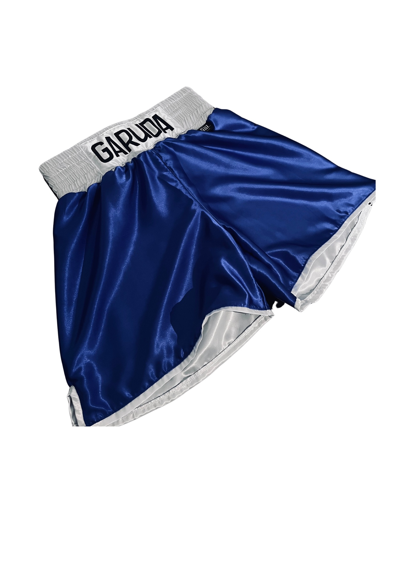 Garuda amateur trunks — royal blue satin with white waistband and trim.